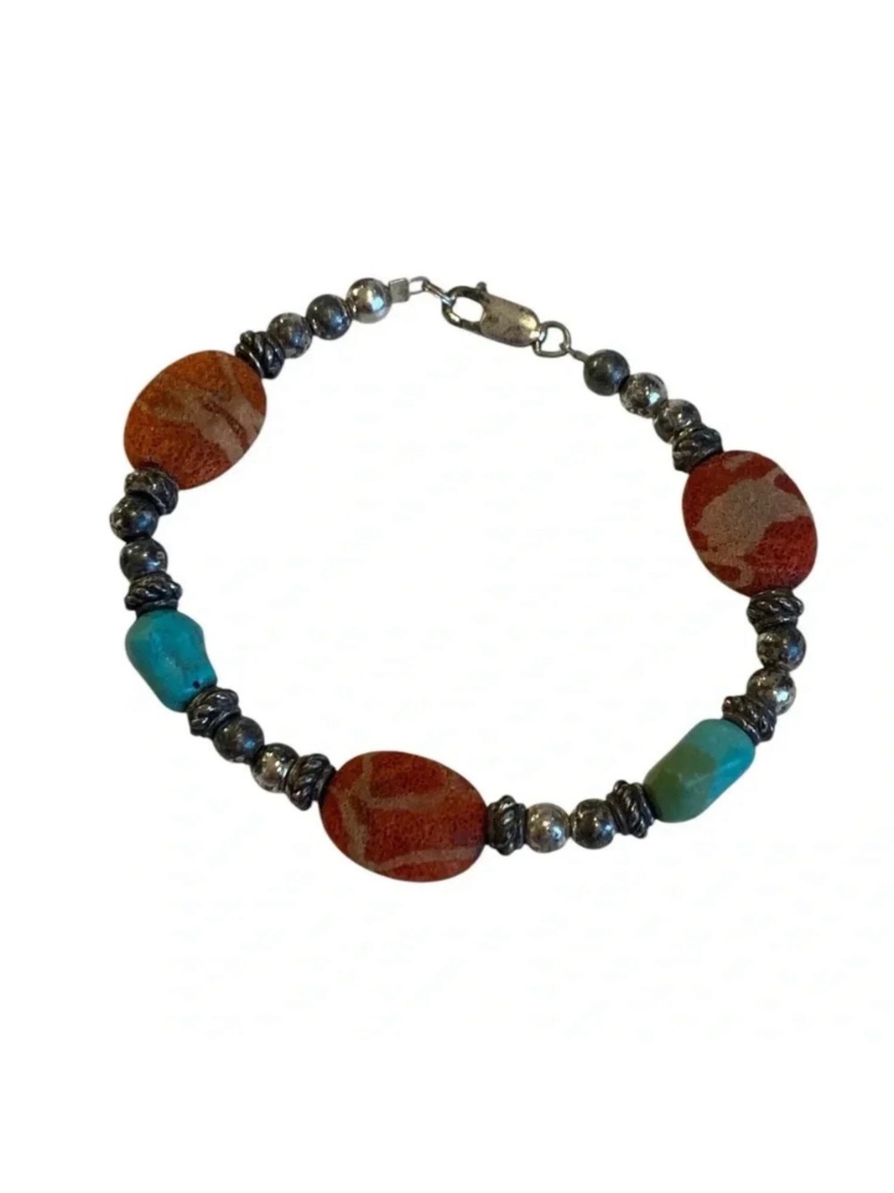 Vintage Womens Red Coral And Turquoise Beaded Bracelet Boho Native American
